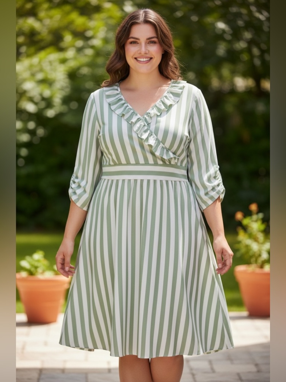 Dainty Jewells Sage Green and White Striped Wrap Midi Dress with  V-Neck (005)